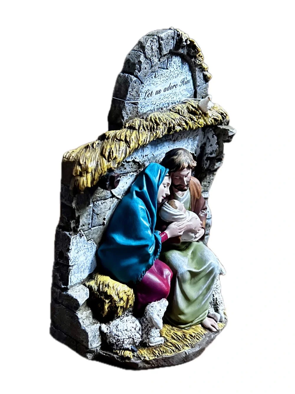 Roman ~ Mary and Joseph Holding Baby Jesus in Crèche with Lambs 10